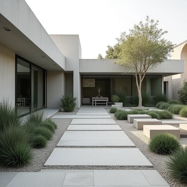 Un giardino dal design minimalista con elementi di hardscaping e piante scultoree.