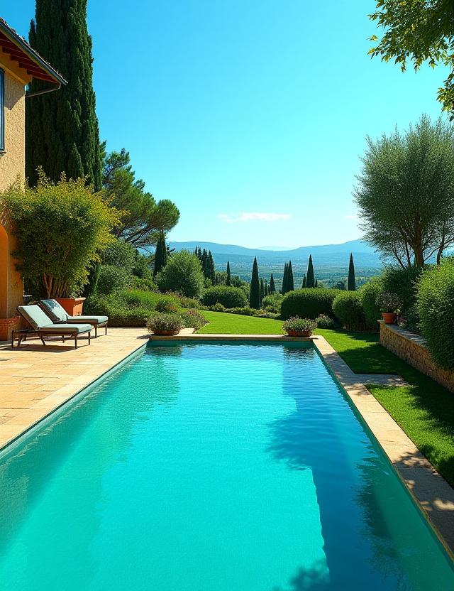 Un rigoglioso giardino di una villa privata in Toscana con piscina a sfioro.
